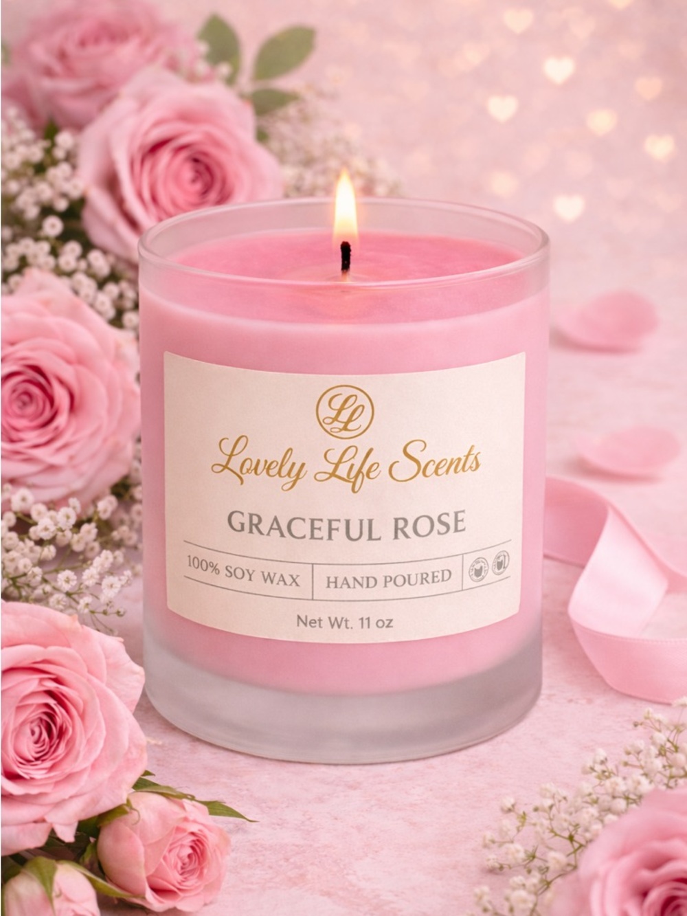 Graceful Rose, Pink 11 oz Premium Soy Wax Candle, a Sweet Floral Scent